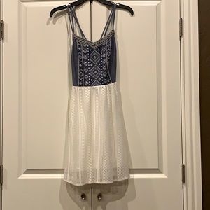 Blue jean top dress with white fringe bottom
